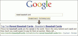 Screenshot showing a Google query for rarest baseball cards