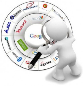 Web page optimization - Graphic of character looking through a magnifying glass at search engines