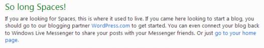 Screenshot of message from Microsoft Windows Live Spaces